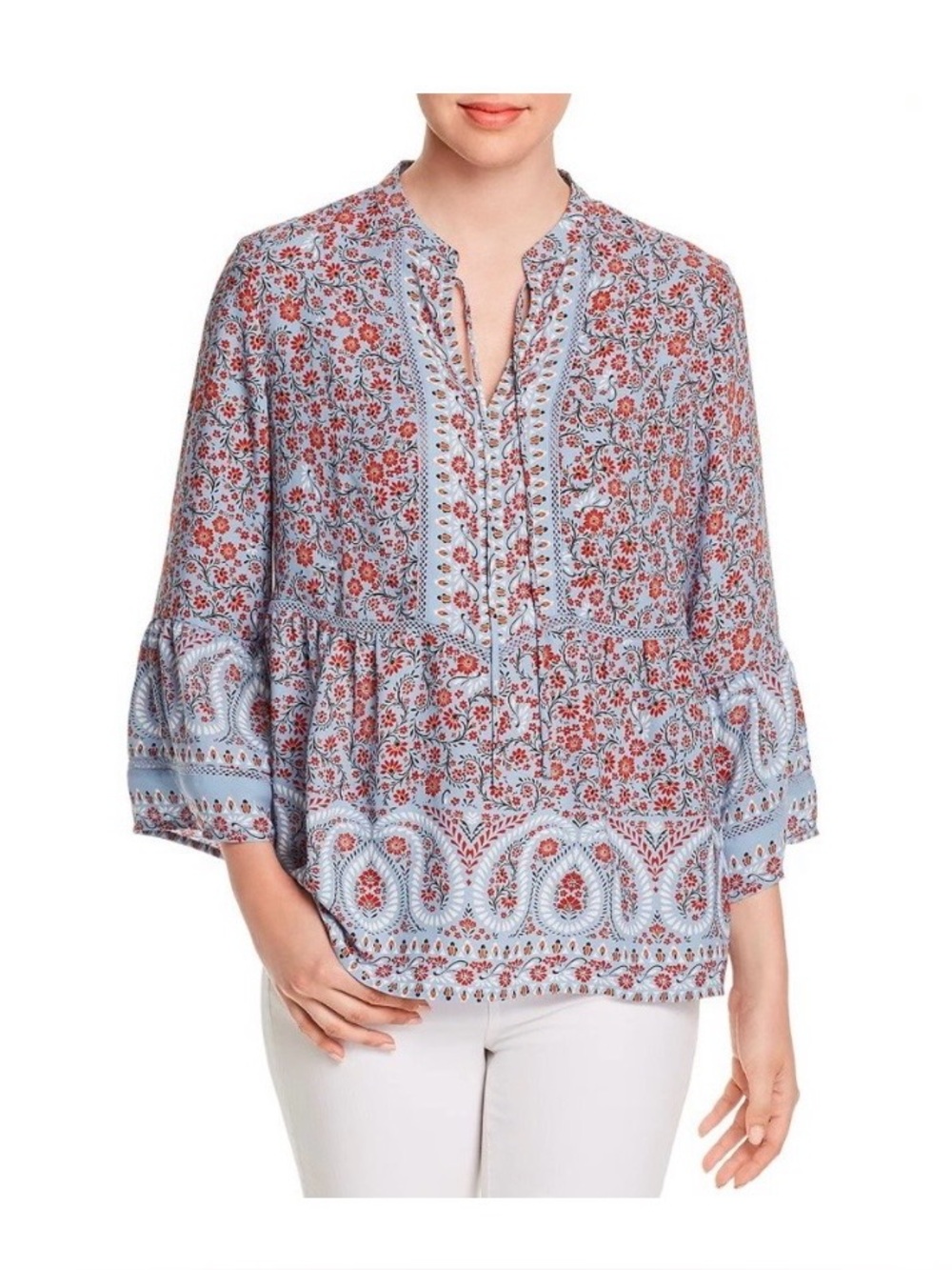 Fever Light Blue Paisley V neck Blouse with Floral Print and Bell Sleeves